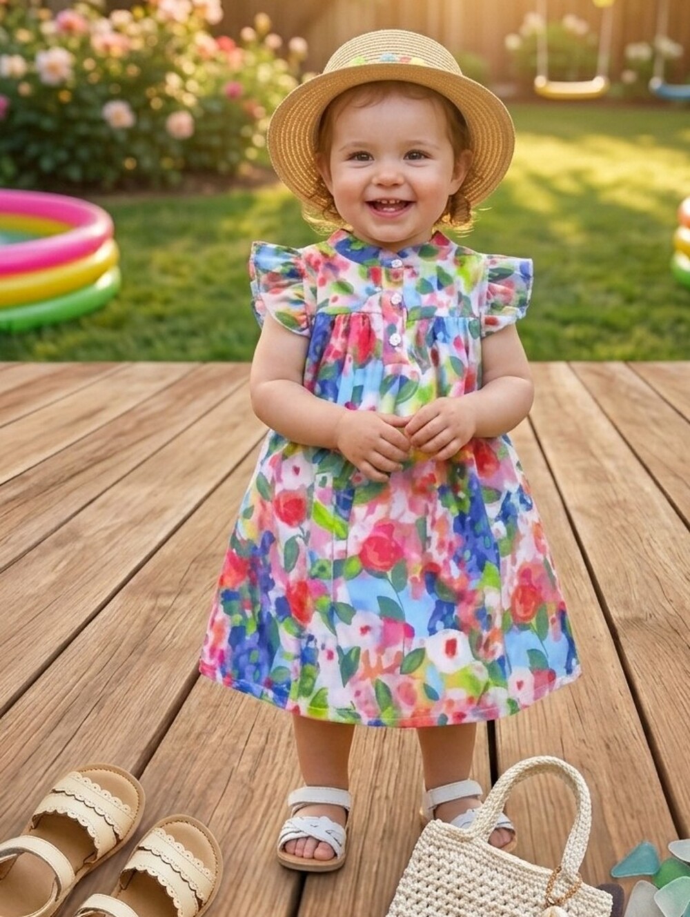Colorful Watercolor Floral Toddler Dress Size 3T New